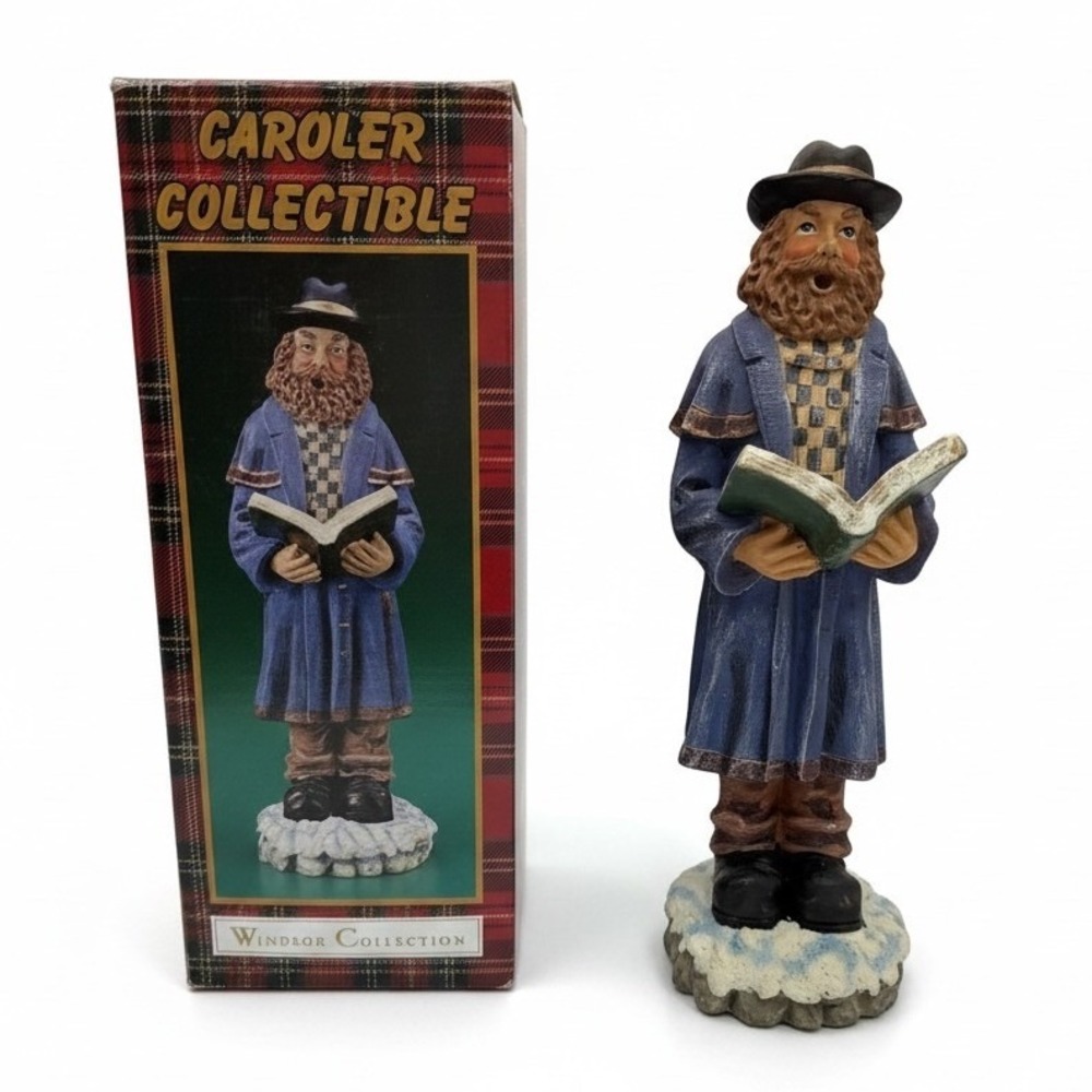 Vintage Windsor Collection Christmas Caroler Figurine Blue Coat Resin Village